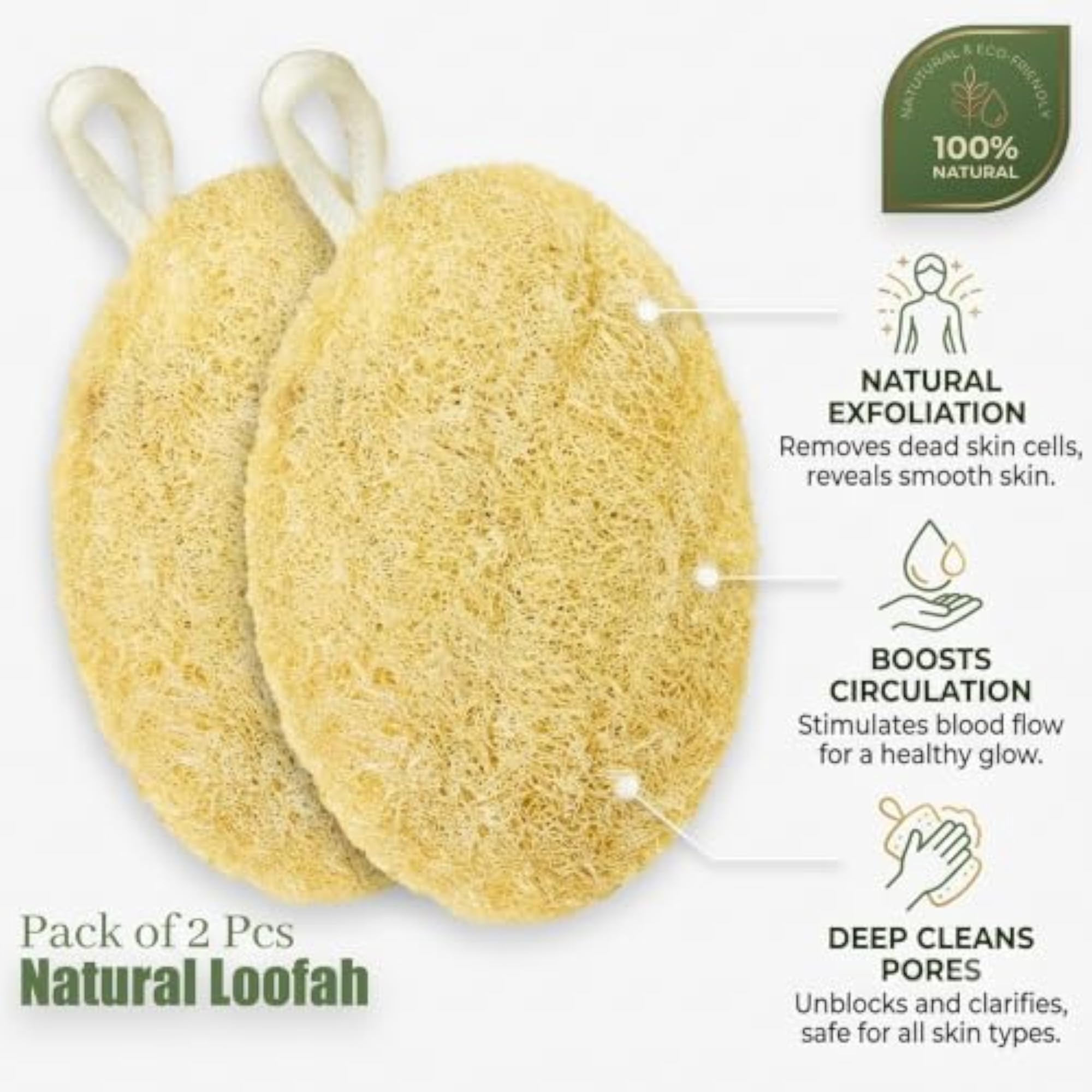 Natural Loofah Body Scrubber for Bathing, Oval Luffa Scrub Pad Pack of 2