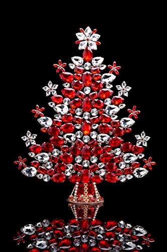 Symmetrical Christmas Tree (Red), Beautiful Crystal Christmas Tree Handcrafted With Clear Rhinestones. The Tree Is Decorated With Delicate Star-Shaped Crystals And It Is Topped With A Sparkly Star. #TOP1