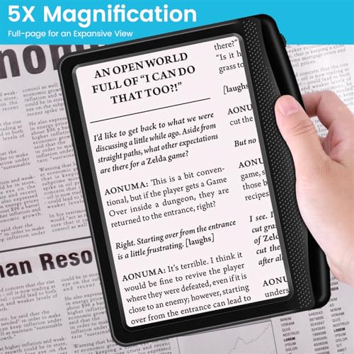Image of Rechargeable 5X Magnifying Glass for Reading, Large Bright Full Page Magnifier with Light, Handheld LED Dimmable Lighted, Lightweight Book Magnifier for Reading Small Prints Seniors Low Vision