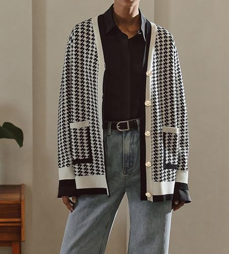 Image of Women's Houndstooth Knit Cardigan Sweater V-Neck Button-Down Jacket with Pockets