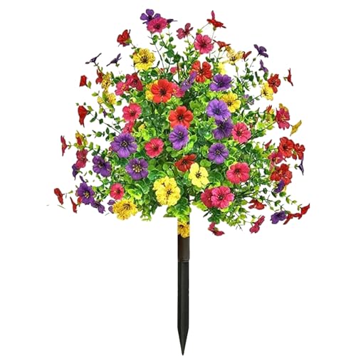 Gihioue Artificial Shrubs Outdoor, Artificial Plants Outdoor Front Porch, UV-Resistant Realistic Plants with Violet Flowers and Stake for Decor