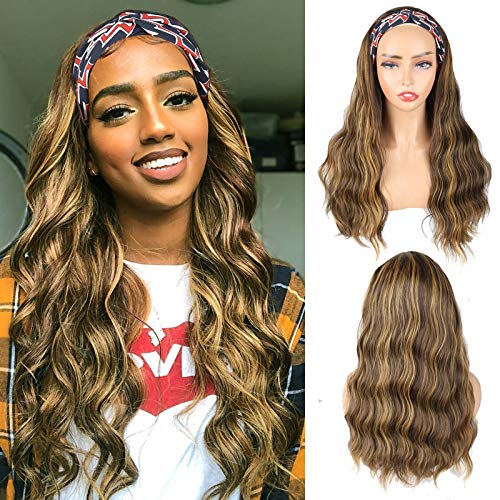 Aisaide Long Wavy Body Wave Wig Headband Half Wigs Ombre Brown Mix Black Wig Water Wave Wig with Headband Attached Scarf Wig Full Head Wrap Wig Ice Silk Turban Wig None Lace Front Wig 20Inch Synthetic