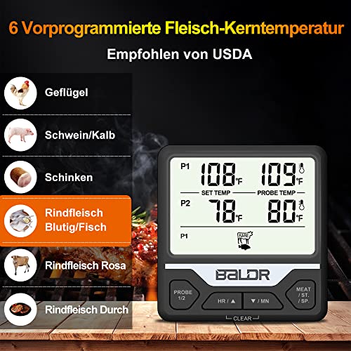 Foto von Konsen KS-373 Digital Grill-Thermometer Fleischthermometer Bratenthermometer Backofenthermometer mit 2 Edelstahlsonden wasserdicht, Timer, Hintergrundbeleuchtung, Temperaturbereich -10°C ~ 300°C