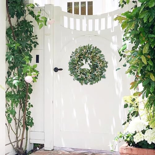Bibelot 22 inch Artificial Spring/Summer Wreath for Front Door Evergreen Eucalyptus Decoration Wreath with Berries Home Party Indoor Outdoor All Season Decor by Bibelot - Used condition - Image 5