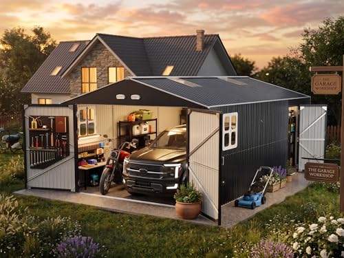Image of K Knowbody 13x20x8.3' Metal Garage Shed with Base Floor Kit | Ultra-Reinforced Powder-Coated 18-Gauge Steel Frame, 100 PSF Snow & 150 MPH Wind Rated, Skylight Dual-Entry Carport Workshop