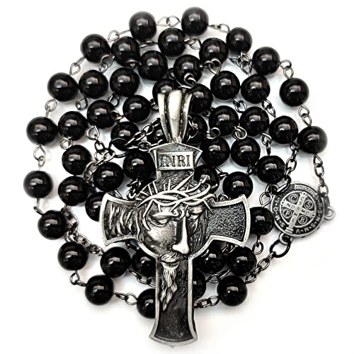 GeekTenet Rosary Beads Chaplet Black Artificial Crystal Glass Rosery Cross Catholic gifts (Black Glossy)
