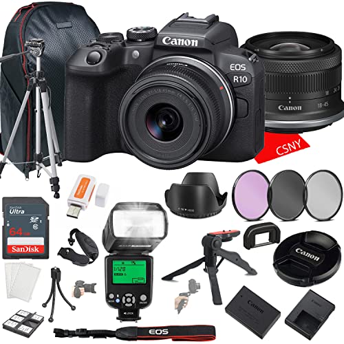 Canon Eos R10 Mirrorless Camera W/Rf-S 18-45Mm F/4.5-6.3 Is Stm Lens + 64Gb Memory + Back Pack Case + Tripod, Ttl Flash, Filters, & More (28Pc Bundle) #TOP4