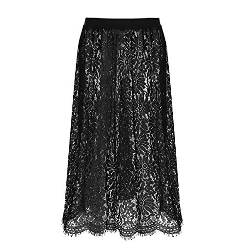 Freebily Womens Floral Lace Half Slip Dress High Waist A-Line Extenders Midi Skirt Underskirt Black Onesize #TOP1