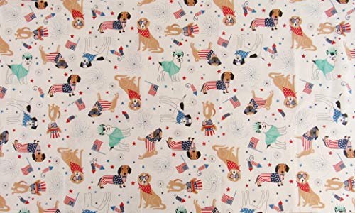 Mainstream Patriotic Pooches, Flags And Fireworks Vinyl Flannel Back Tablecloth (White Background, 52" X 70" Oblong) #TOP4