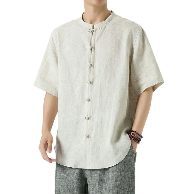 Camisa lino hombre manga corta botones de rana cuello alto traje Tang 5