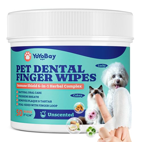YoYoBay Dog Teeth Cleaning Wipes, Pet Finger Dental Wipes for Dogs & Cats, Dual-Sided, 6-in-1 Herbal Formula, Remove Plaque & Tartar, Freshen Breath, No-Rinse Toothbrushing Wipes - 50 PCS, Unflavored