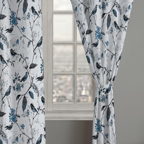 Image of LINENWALAS Decorative Printed Cotton Semi Sheer Curtains 9 Feet Long Set of 2 Panel, Eyelet Ring Hanging, Turquoise Bird Printed Door Curtains (L-9 x W-4.5 Feet, Turquoise Bird)