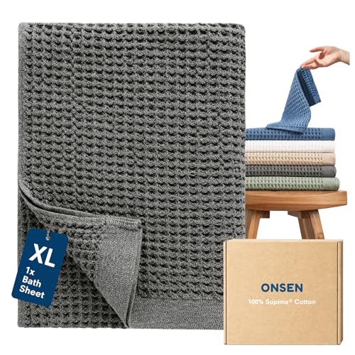 ONSEN Supima® Waffle Bath Sheet, Large, Quick Dry Lint Free 100% USA Cotton, Oversize Lightweight Absorbent Bath Sheet, 38x67 in (Cinder Grey, 1x Bath Sheet) by ONSEN - Used condition - US$69.22