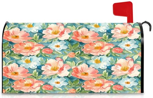 GICDSU Oil-Painted Floral Mailbox Covers Magnetic Standard Size 21x18 Inch, Peach and Blue Flowers...