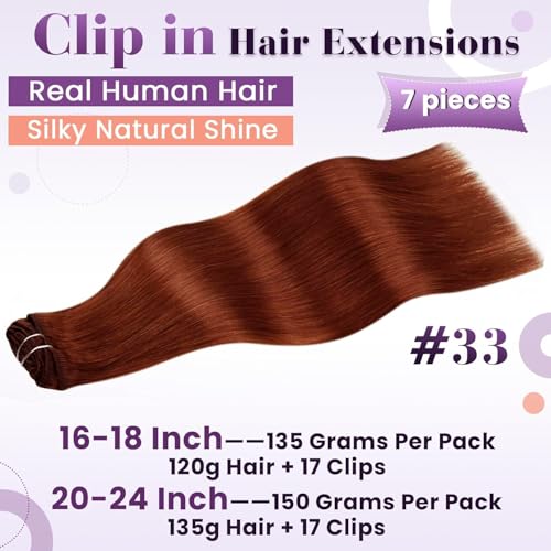 Image of LaaVoo Clip in Extensions Human Hair Auburn Clip in Hair Extensions Real Human Hair Reddish Brown Auburn Hair Extensions Clip ins Real Human Hair Long Straight 7pcs 135g 20inch
