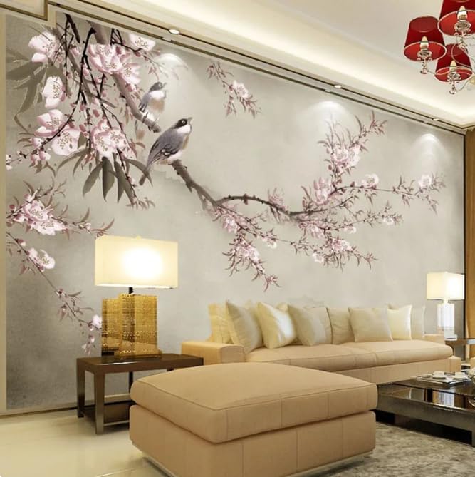 Papier peint fleurs chinoises oiseaux 3D rose | Solution déco pour dynamiser un mur de salon - 4