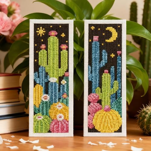 Image of INFUNLY 6pcs Dark Cactus Cross Stitch Bookmark Kit for Beginners DIY Cactus Grove Embroidery Bookmark Kits Night Plants Needlepoint Kit with Instruction Easy Cross Stitch Set for Book Lovers Readers
