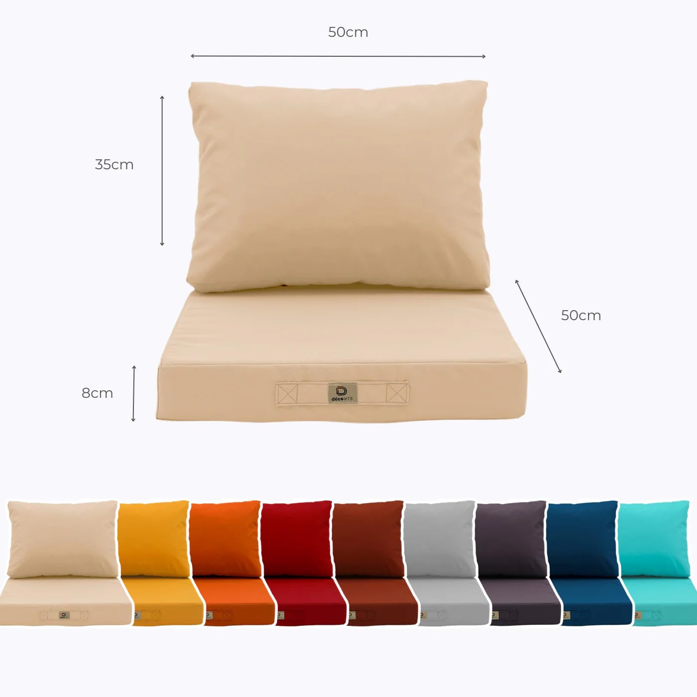 Sitzkissen Outdoor mit abnehmbarem Bezug, Sitzfläche 50x50x8 cm Plus Rückenkissen 50x35 cm, für Gartenstuhl, Balkon und Terrasse, Beige