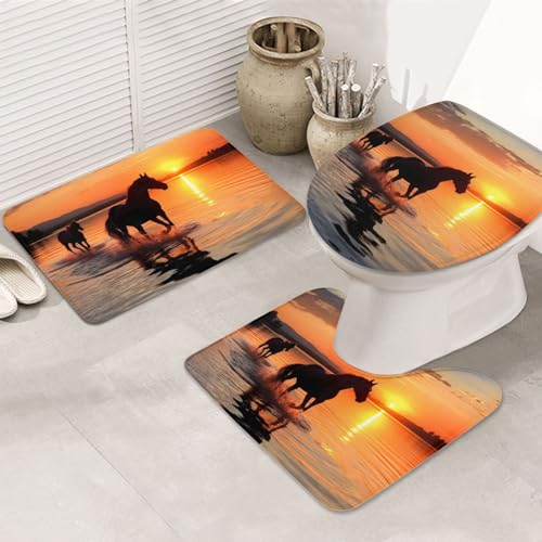 OrcoW Badematten-Set, Motiv: Sonnenuntergänge, See, Pferde, 3-teilig, rutschfest, saugfähig,...