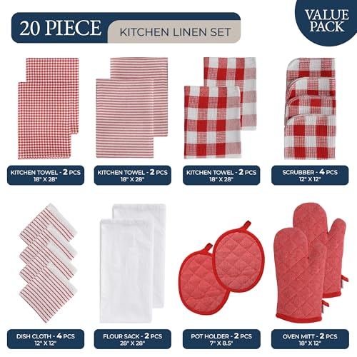 Image of LANE LINEN Cotton Kitchen Towels and Dishcloths 20 Pack - Large Dish Towels Set for Holiday Hosting, Fast Drying Dish Rags, Flour Sack Towels, Versatile Scrubbers & Oven Mitts with Pot Holders - Red