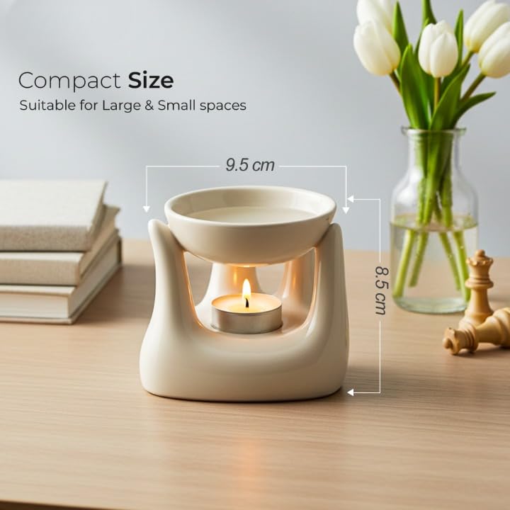 Dolloz Ceramic Aroma Oil Diffuser Burner for Home Fragrance | Hand Shaped Essential Oil Burner with Tealight Candle Holder | 90ml Capacity Aromatherapy Diffuser for Home Dcor & Relaxation (Cream) 1