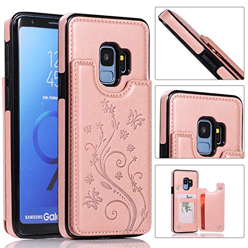 QFUN Back Wallet Case for Samsung Galaxy S9 with Stand, Elegant Embossed Design [Butterfly Flower] Lightweight Slim Fit Leather Phone Case with Card Holder Protective Bumper Flip Cover - Rose Gold