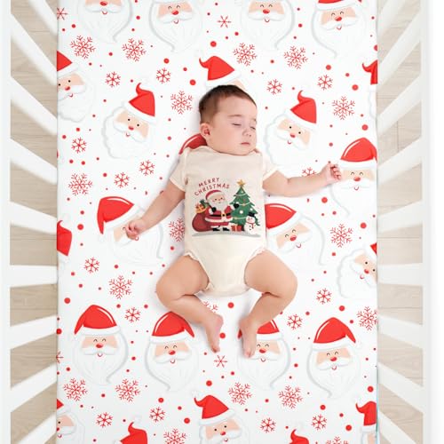 Image of JISEN Christmas Crib Sheet Santa Claus Fitted Crib Sheet for Boys Girls Crib Mattress Cover Baby Sheet for Standard Crib and Toddler Mattress Soft Breathable Baby Bed Sheet for Neutral 52x28 Inch