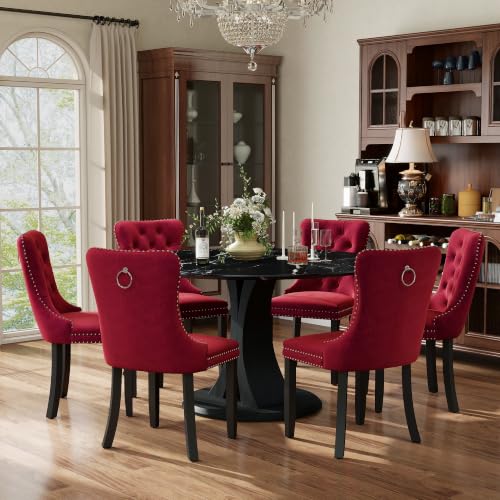 Image of 7-Piece Dining Table Set for 6 with 47 In Black Faux Marble Round Table | Circle Dining Room Table with 6 Velvet Upholstered Chairs, Modern Scandinavian Furniture for Dining Room Kitchen (Burgundy)