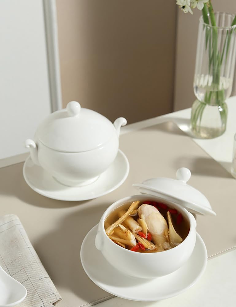 Porcelain Soup Tureen Ceramic Soup Tureen with Lid White Ceramic Round Tureen,for Restaurant Home Kitchen Decoration, Microwave and Dishwasher Safe,B