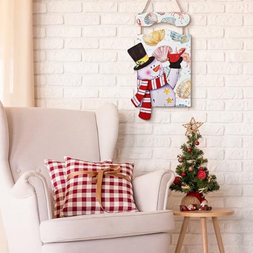 Peinture de Noël bonhomme de neige bois suspendre coquillages crabes tableau mural - 6