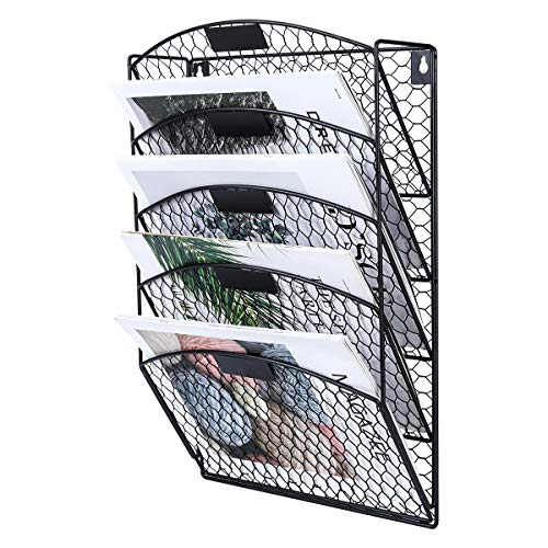 Easypag Wall File Organizer 5 Pockets Metal Chicken Wire Vertical Hanging File Holder Document Magazine Rack ,Black #TOP4