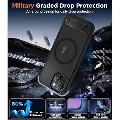 Image of KARWAN Matte Back Case Cover Compatible with iPhone 14 Plus with Magnetic Stand Shockproof Cover with Camera Protection, Scratch Resistant, MagEaze Wireless Charging Support,N52 Magnetic Ring, Black