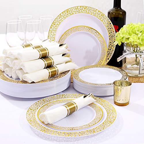 Llsf 210 Pcs Gold Plastic Plates, Disposable Dinnerware Set, Includes: 30 Dinner Plates, 30 Salad Plates, 30 Cups 9 Oz And 30 Per Rolled Napkins With Gold Cutlery, Perfect For Wedding And Party #TOP2
