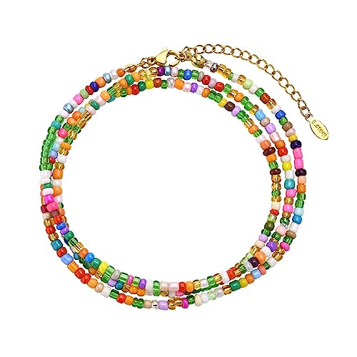 Image of Multilayered Beaded Anklets for Women , Handmade Boho Colorful Beads Ankle Bracelets Foot Anklet,Adjustable Minimalist Summer Beach Foot Chain Anklet Surfer Jewelry Gifts for Girlfriend Sister