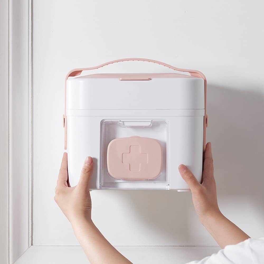 救急箱 収納ボックス 薬箱 屋外の家のためのハンドル付き薬箱多層薬胸部収納 大容量 多機能収納 家庭用 (Color : Pink,