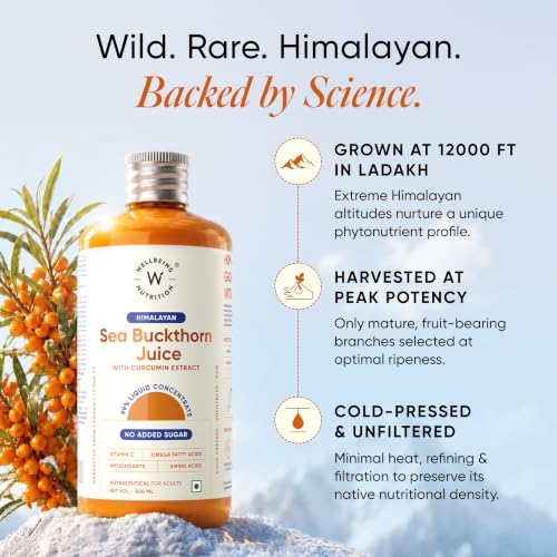 Image of Wellbeing Nutrition Himalayan Sea Buckthorn Pulp With Curcumin Extract |Cold-Pressed, Liquid Concentrate Juice| Natural Vitamin C, Omega 3, 6, 7, 9 & Antioxidants |Supports Immunity, Skin Glow & Gut Health| 500ml