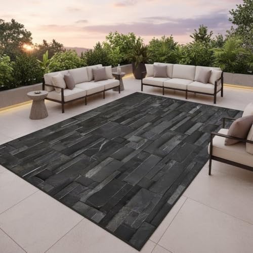 Black Grey Faux Stones Tile Pattern Outdoor Rugs for Patios Balcony Deck Porch Backyard Garden Farmhouse Floor Mats Washable Durable Quick Dry Waterproof Thin Non Shedding Art Decor Carpets 2x3