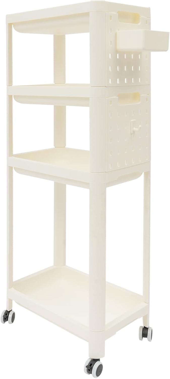 Multi-Layer Storage Cart, 25cm Wide Slim Rolling Trolley with Hooks & Pegboard, Narrow Slit Cart for Kitchen Bathroom Bedroom, Movable Organizer