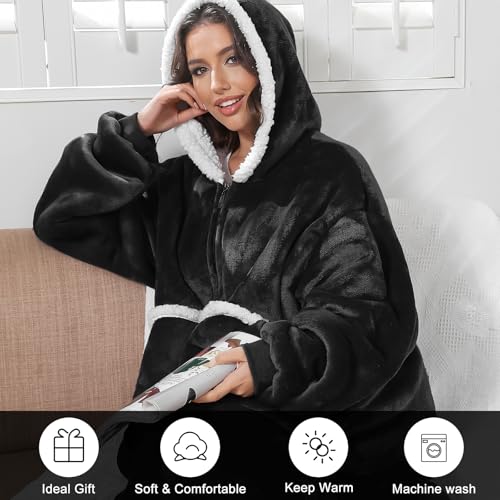 Image of Oversized Wearab Blanket Hoodie, Cozy Flannel Blanket with Sleeves and Zipper for Women, Mens, Teens