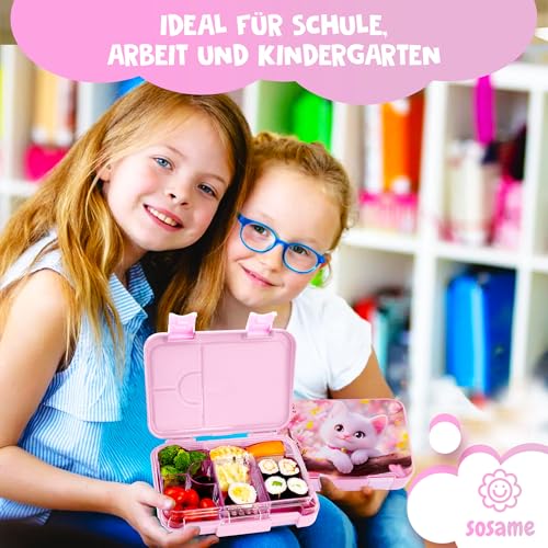 sosame® Brotdose für Kinder mit 6 Fächern – Bento Lunchbox auslaufsicher – Jausenbox für Schule & Kindergarten (ROSA-Kitten)