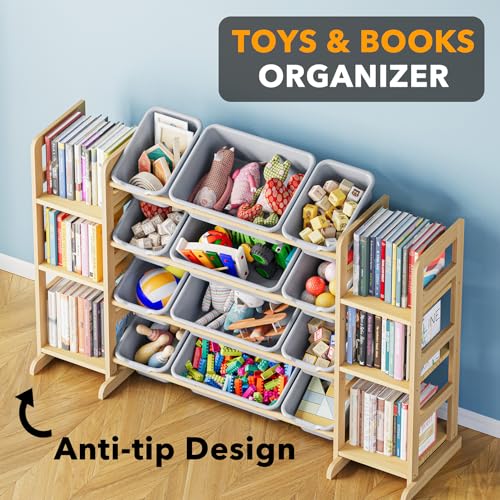 Image of SpaceAid Toy Storage Organizer with 6 Shelves and 12 Bins, Toy Organizers Storage Bookshelf, Kids Bin Shelf Toys Box Bookcase for Bedroom Playroom Organization Room Decor, Neutral Gray