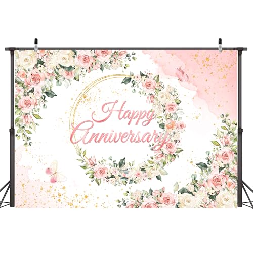 6X4 ft Floral Anniversary Backdrop Banner, Pink and White Roses with Gold Accents by Atlastrip - Used condition - US$8.01