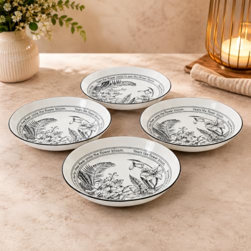 Image of Ceramic Dinner Plates Set of 4, 20.5 cm Black & White Floral Printed Plates, 4 cm Deep, Premium Tableware for Dining, Snacks, Desserts & Everyday Use (Black & White Floral, Pack of 4)