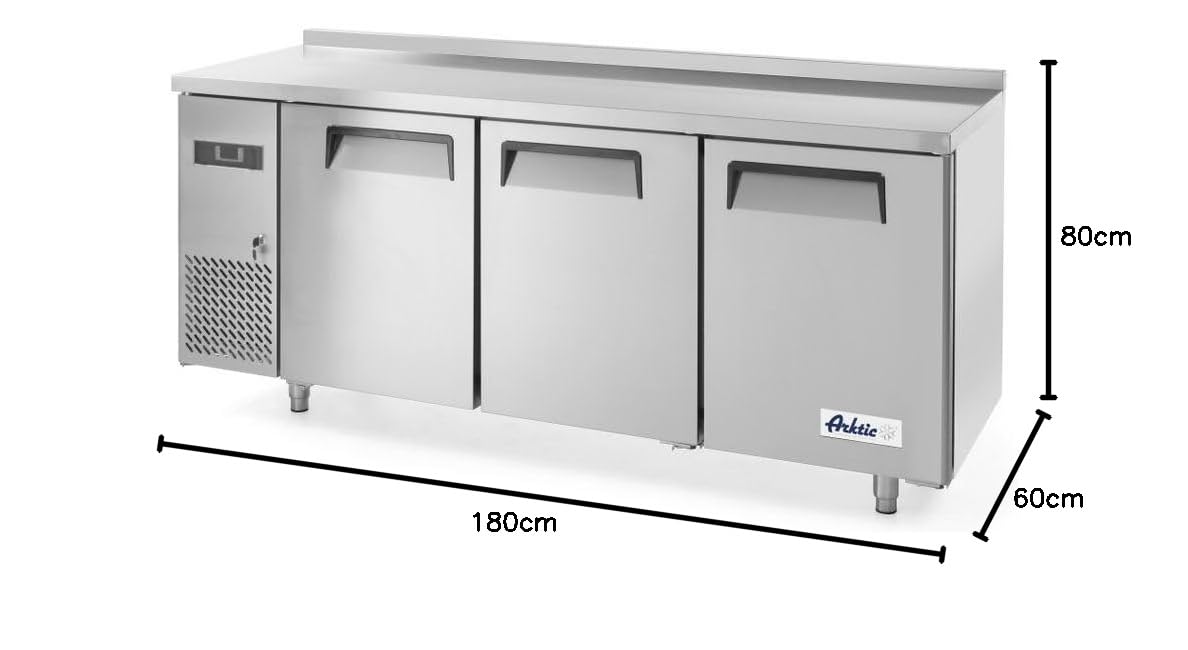 HENDI Mesa refrigerada Arktic de 3 puertas con 3 estantes ajustables, -2/8°C, 390 L, descongelación automática, pantalla digital, 230V/270W, 1800x600x(H) 800 mm, acero inoxidable