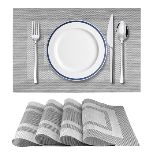 Lot de 4 Set de Table Lavable Plastique en PVC,45 x 30 cm Texturé Antidérapant, sous Assiette Dessous de Table, Gris Modernes Résistants à la Chaleur pour...