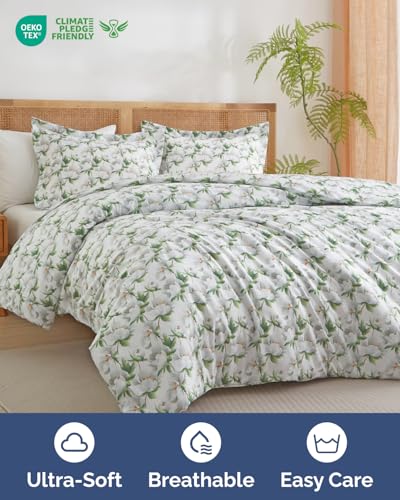 Image of Duvet Cover Cal King Size Set - Extra Soft Floral Duvet Cover 104 x 98 with 2 Pillow Shams - Comfy, Breathable Floral Bedding Set - Hotel Luxury & Fade Free w / Zipper Closures & Ties - Magnolia Garden