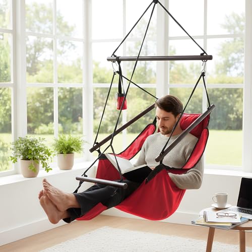 Image of ONCLOUD Hammock Chair Hanging Swing Seat Air Deluxe Rope Through Beech Wood Bars, Drink Holder & Fuller Pillow Safer Relax for Indoor Outdoor 250Lbs, Red