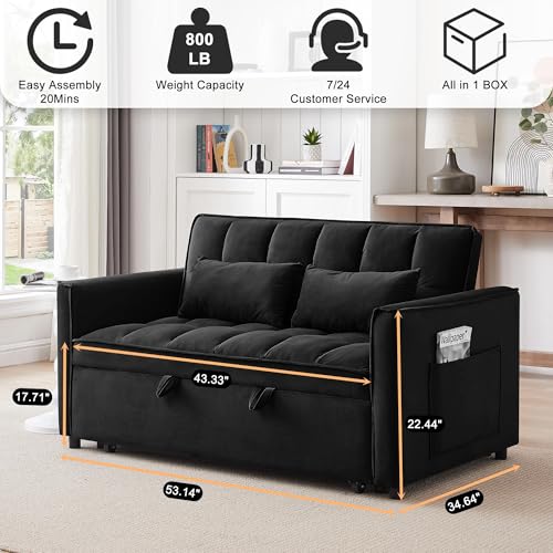 howcool 3 in 1 Convertible Sleeper Sofa Bed, Futon Couches for Living Room with Side Pocket | Adjustable Backrest | Velvet Fabric | Pull Out Couch | Loveseat | Sectional Sofa Bed, Black
