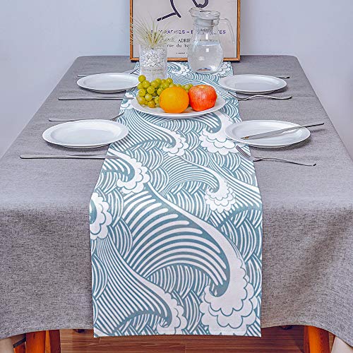 Sea Wave Table Runner Linen Burlap Table Runners For Catering Events, Dinner, Wedding, Holiday, Indoor And Outdoor Parties 14X72 Inch, Japanese Illustration Ocean #TOP2