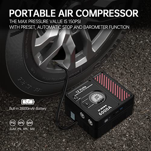 Jf.egwo 6000Amp Car Jump Starter With Air Compressor, 12V Safe Lithium Auto Battery Booster (Up To 13.0+L Gas And 13.0+L Diesel Engine), 150 Psi Air Pump, Built-In 2 Usb Ports And 2 Led Light #TOP3